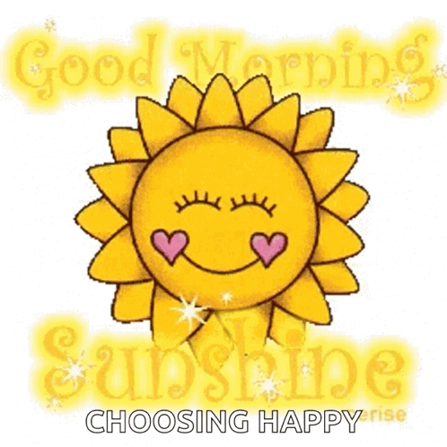 A Cartoon Sun With Hearts On Its Eyes And The Words `` Good Morning Sunshine Choosing Happy Rise '' GIF