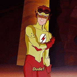 A Cartoon Superhero Says Dude In Yellow Letters GIF
