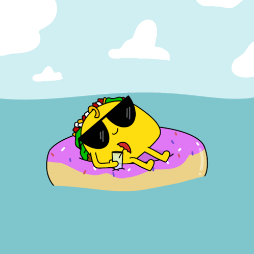 A Cartoon Taco Is Floating On A Purple Donut In The Water GIF