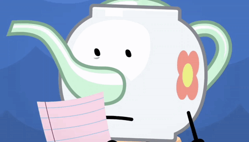 A Cartoon Teapot With A Flower On It Holding A Piece Of Paper GIF