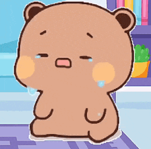 A Cartoon Teddy Bear Is Crying And Sitting On A Rug In A Room . GIF