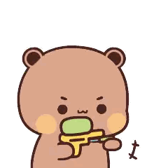 a cartoon teddy bear is holding a gun in its mouth .