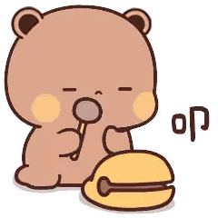 a cartoon teddy bear is holding a magnifying glass and eating a hamburger .