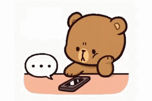 A Cartoon Teddy Bear Is Sitting At A Table With A Cell Phone . GIF