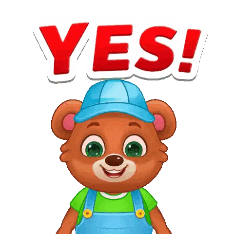 a cartoon teddy bear wearing overalls and a hat says yes
