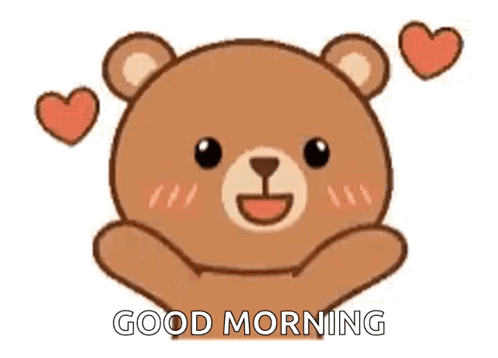 A Cartoon Teddy Bear With Hearts Around Its Head Is Saying `` Good Morning '' . GIF