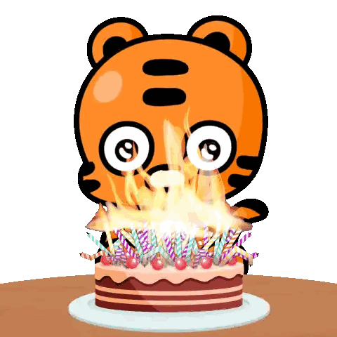 a cartoon tiger is blowing out candles on a cake