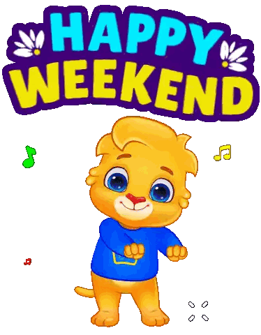 a cartoon tiger is dancing in front of a happy weekend sign