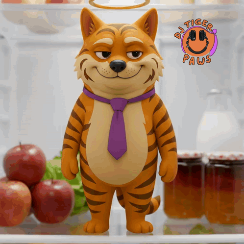 A Cartoon Tiger Wearing A Purple Tie Stands In A Refrigerator GIF