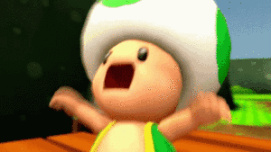 A Cartoon Toad With A Green And White Hat Is Standing On A Table With His Mouth Open GIF
