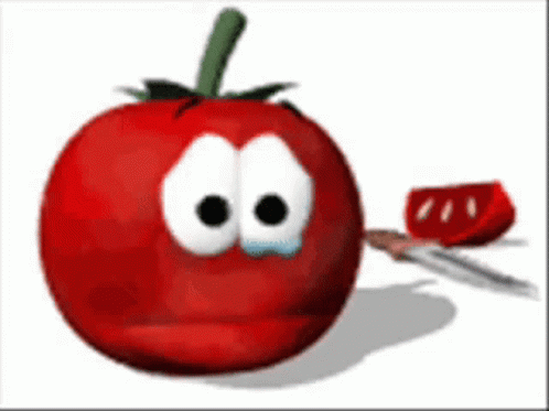 A Cartoon Tomato With A Sad Face Is Holding A Knife GIF