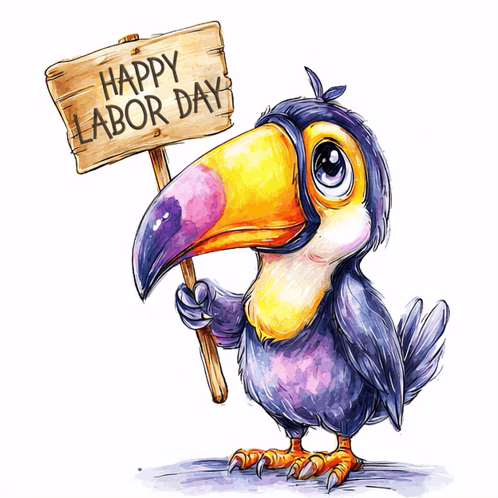 a cartoon toucan holding a sign that says happy labor day