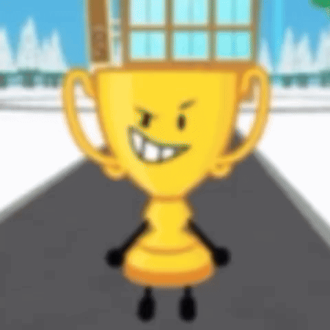 A Cartoon Trophy With A Face And Arms Is Smiling . GIF
