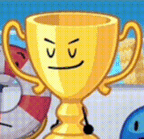 A Cartoon Trophy With A Face On It Is Standing Next To A Life Preserver . GIF