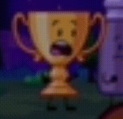 A Cartoon Trophy With A Surprised Face On It Is Standing Next To A Wii Controller . GIF