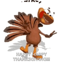 A Cartoon Turkey Is Dancing With The Words `` Happy Happy Thanksgiving ! '' GIF