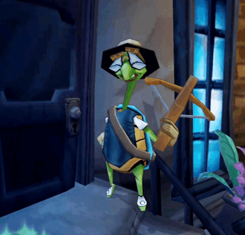 A Cartoon Turtle Is Holding A Bow And Arrow In A Doorway GIF