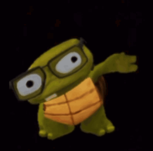 A Cartoon Turtle Wearing Glasses Is Standing In The Dark GIF