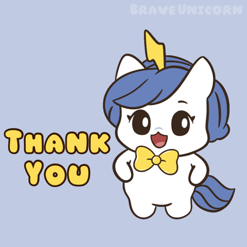 A Cartoon Unicorn Says Thank You With A Lightning Bolt On Its Head GIF