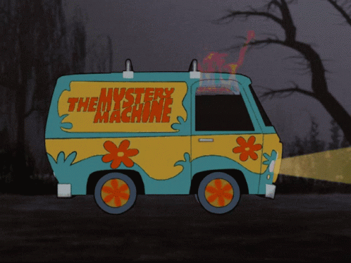 A Cartoon Van With The Words The Mystery Machine On The Side GIF