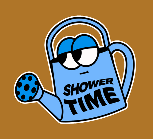 A Cartoon Watering Can With The Words Shower Time On It GIF