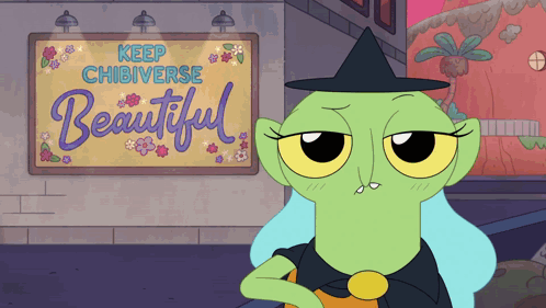 A Cartoon Witch Is Standing In Front Of A Sign That Says Keep Chibiverse Beautiful GIF