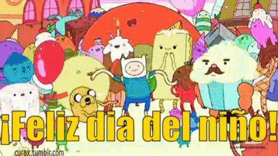 A Cartoon With The Words Feliz Dia Del Niño In Yellow Letters GIF