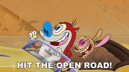 A Cartoon With The Words Hit The Open Road On It GIF