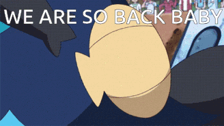A Cartoon With The Words " We Are So Back Baby " On It GIF