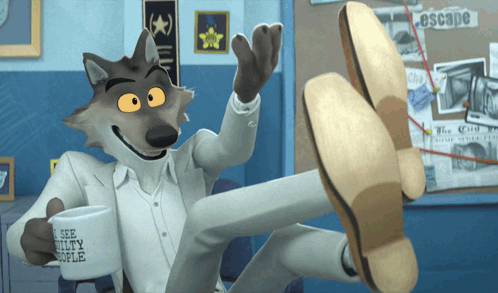 A Cartoon Wolf Is Holding A Coffee Cup That Says See Utility People GIF