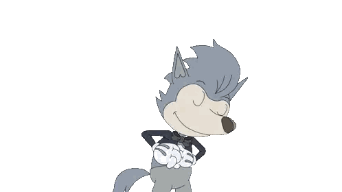 a cartoon wolf is holding a red heart in his hands