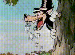A Cartoon Wolf Is Peeking Out Of A Tree With His Mouth Open GIF