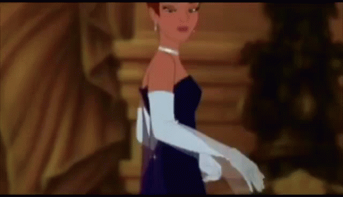 A Cartoon Woman In A Blue Dress And White Gloves Is Walking Down A Hallway . GIF