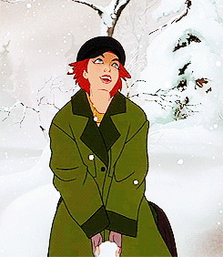 A Cartoon Woman In A Green Coat Is Standing In The Snow GIF