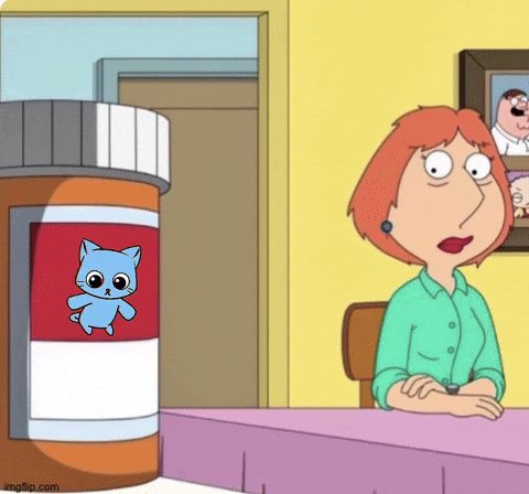 A Cartoon Woman Is Sitting At A Table Next To A Bottle Of Pills With A Blue Cat On It . GIF