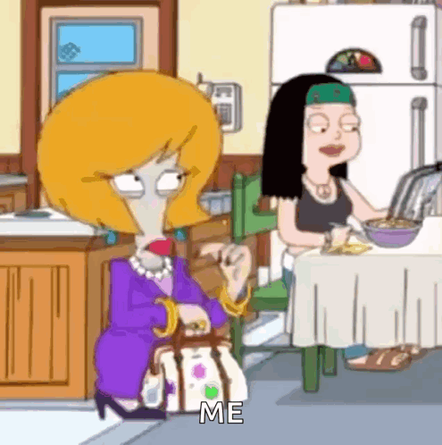 Cartoon Woman Sitting At Table With Cereal And Purse Says Me GIF