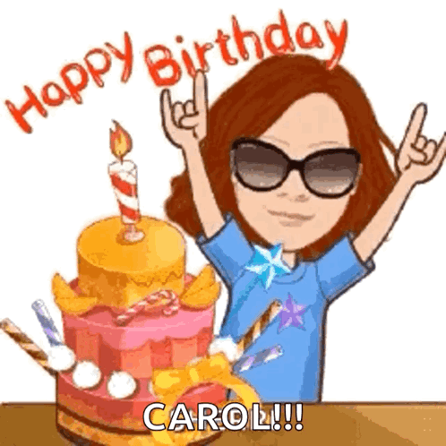 A Cartoon Woman Is Standing In Front Of A Birthday Cake And Making A Rock And Roll Sign . GIF