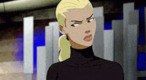 A Cartoon Woman With Blonde Hair Is Wearing A Black Turtleneck Sweater And A Ponytail . GIF