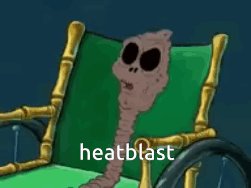 A Cartoon Worm Is Sitting In A Wheelchair With The Words Heatblast Written On The Bottom . GIF