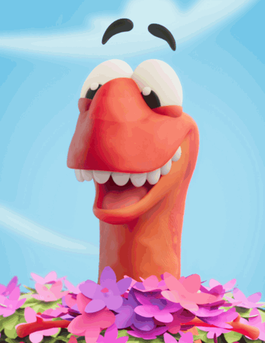 A Cartoon Worm Is Surrounded By Pink Flowers GIF