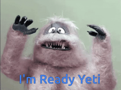A Cartoon Yeti Says I 'M Ready Yeti In Blue Letters GIF