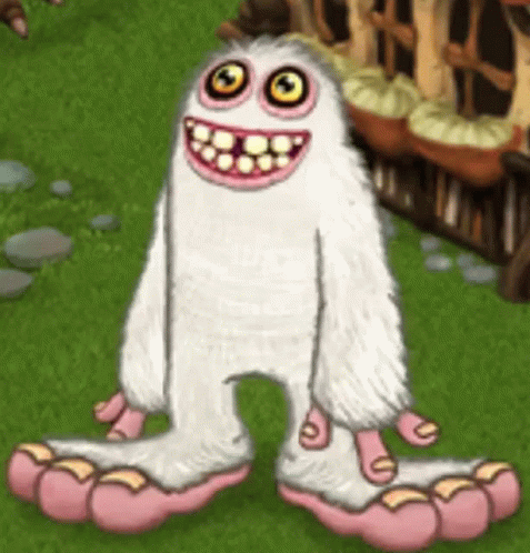 A Cartoon Yeti With Big Feet And A Big Smile Is Standing On A Lush Green Field . GIF