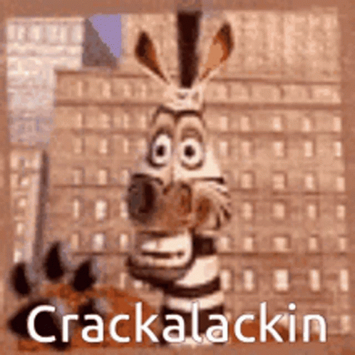 A Cartoon Zebra Is Standing In Front Of A Building With The Words `` Crackalackin '' Written Below It . GIF