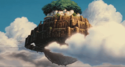 A Castle Floating In The Sky With A Tree On Top Of It GIF