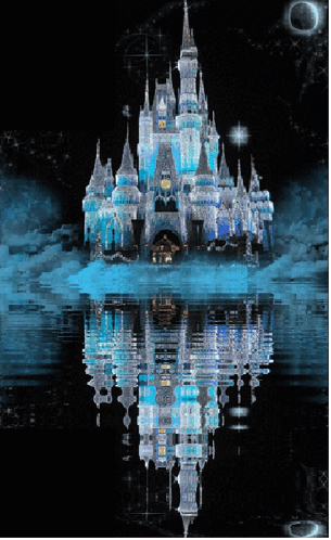 A Castle Is Reflected In The Water With A Crescent Moon In The Background GIF