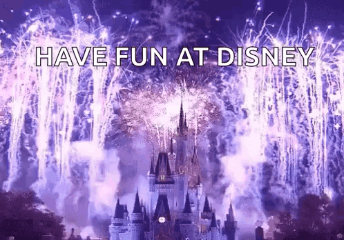 A Castle Is Surrounded By Fireworks With The Words Have Fun At Disney GIF