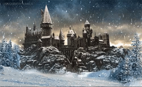 a castle is surrounded by snow covered trees and rocks
