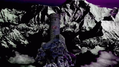 A Castle On Top Of A Snow Covered Mountain With A Purple Sky In The Background GIF