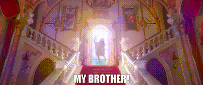 A Castle With Stairs And A Red Carpet And The Words `` My Brother '' GIF