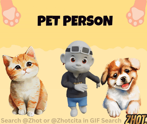 A Cat A Boy And A Dog Are On A Yellow Background With The Words Pet Person Below Them GIF